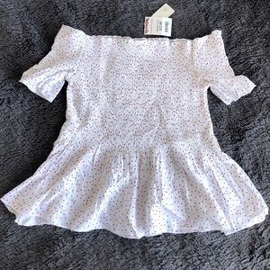 Smocked off the shoulder polka dot shirt